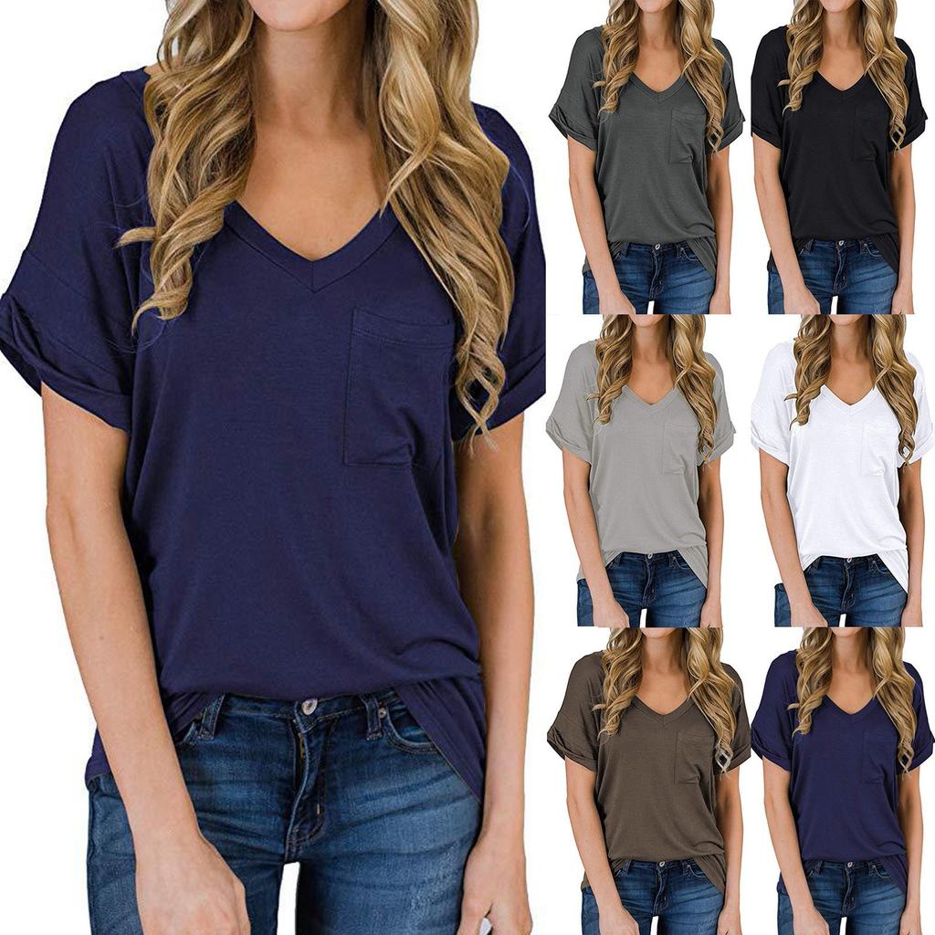 Fashion Womens Casual V-neck Pocket Ruffled Loose Color Blouse T-Shirts