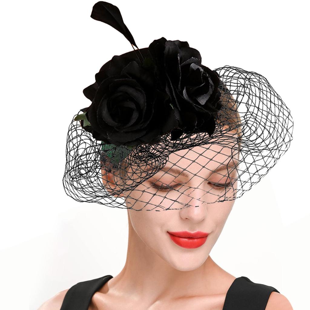 Fascinator Hat for Women Tea Party Headband Wedding Hat Vintage Pillbox Mesh Flower Feathers Hair Clip Stylish