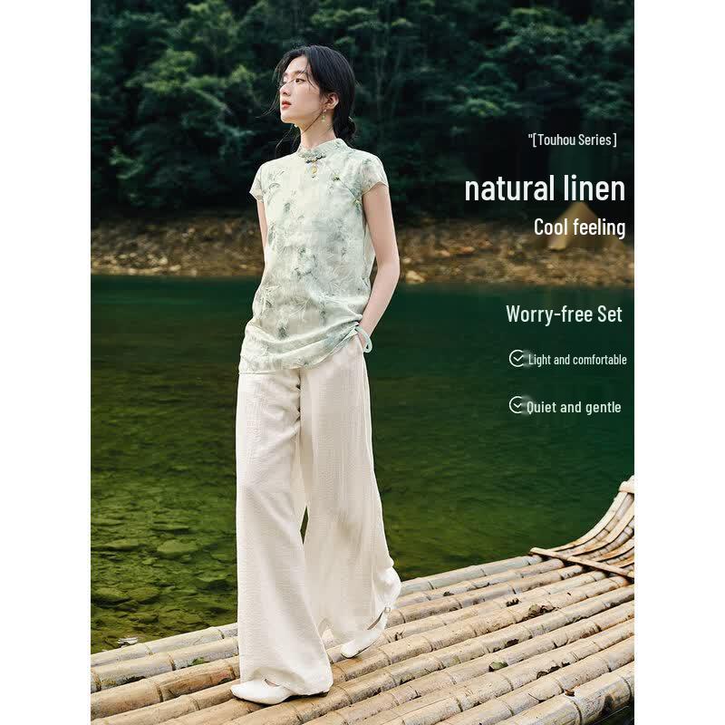 XWI New Chinese Style Women s Short-Sleeve Shirt & Loose Pants Set L