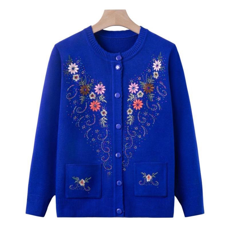 Old Lady Autumn and Winter Knitted Sweater Jacket Grandma Thin Embroidered Sweater Middle Old Man Mother Cardigan