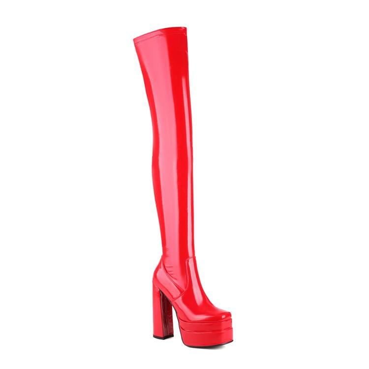 Over Knee Boots Women's High Heel British Wind Waterproof Platform Skinny Tall Long Thighs Boots Coarse Heel Elastic Boots Leather Boots