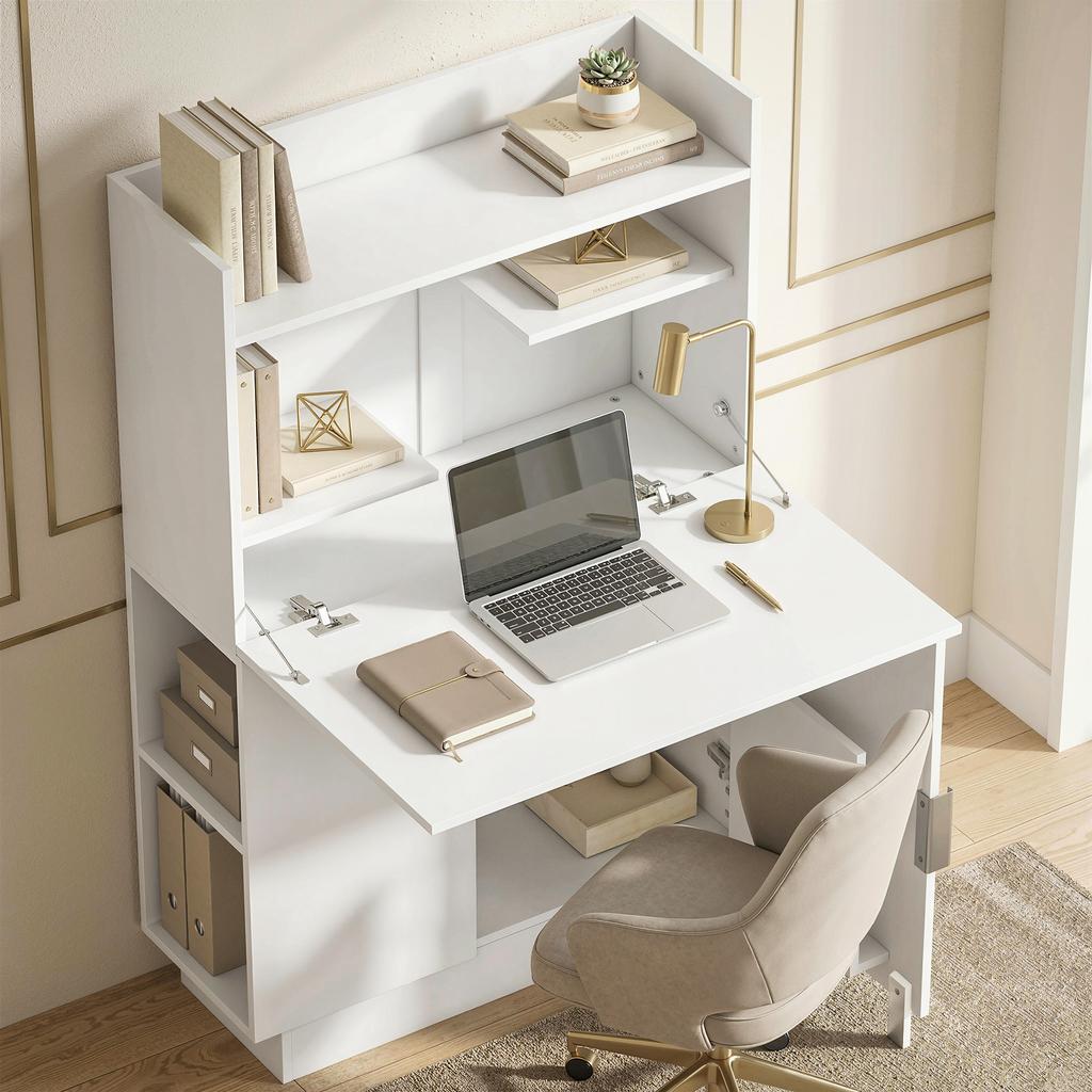 Folding Computer Desk, Drop-Leaf Top, Shelves, Cupboard, 80 x 30 x 128 cm, White