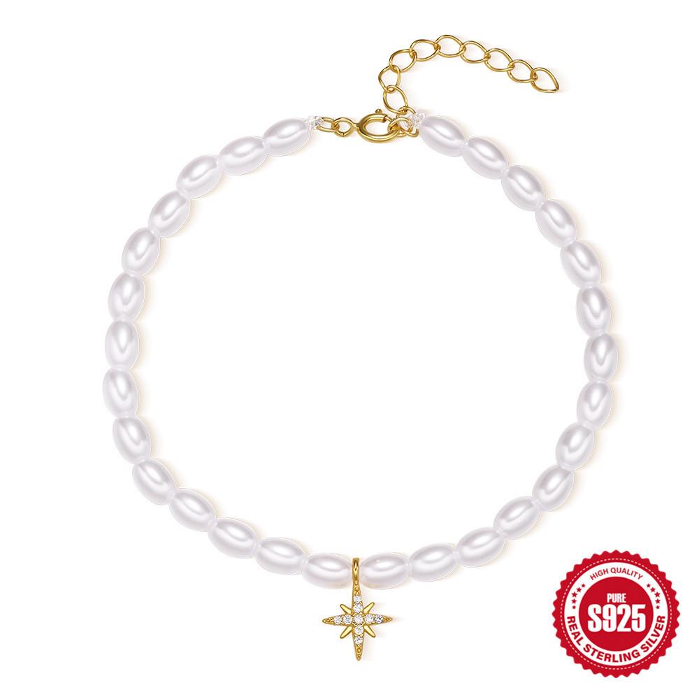 Stylish And Simple Style S925 Sterling Silver French Small Rice Grain Pearl Moon Snake Diamond Women'S Bracelet