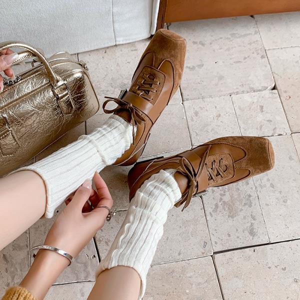 Fashion Women's Shoes Platform Ballet Flats All-Match Buckle Strap Increas Height Square Toe Clogs Ballerinas Summer Spring Lace-Up Incr