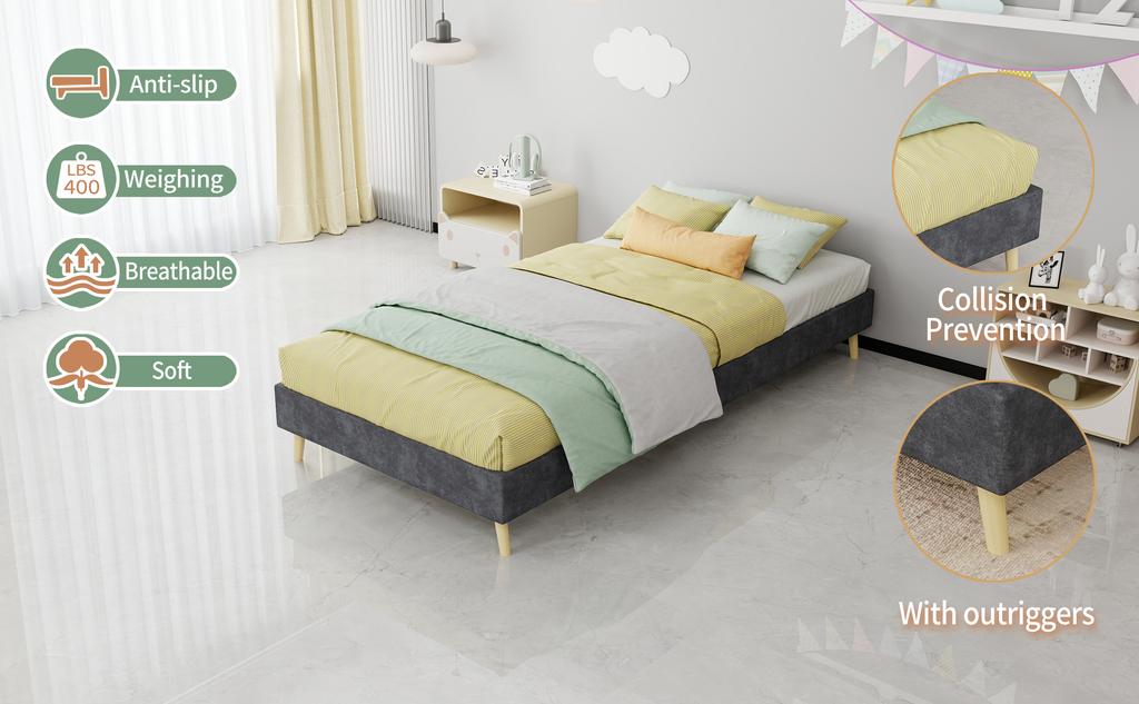 Modern Minimalist Bed Frame, 90x200 cm, Grey, Dutch Velvet Fabric, Low-Profile Base, Bedroom Furniture. Excludes Gas Lift, Headboard, and Mattress.