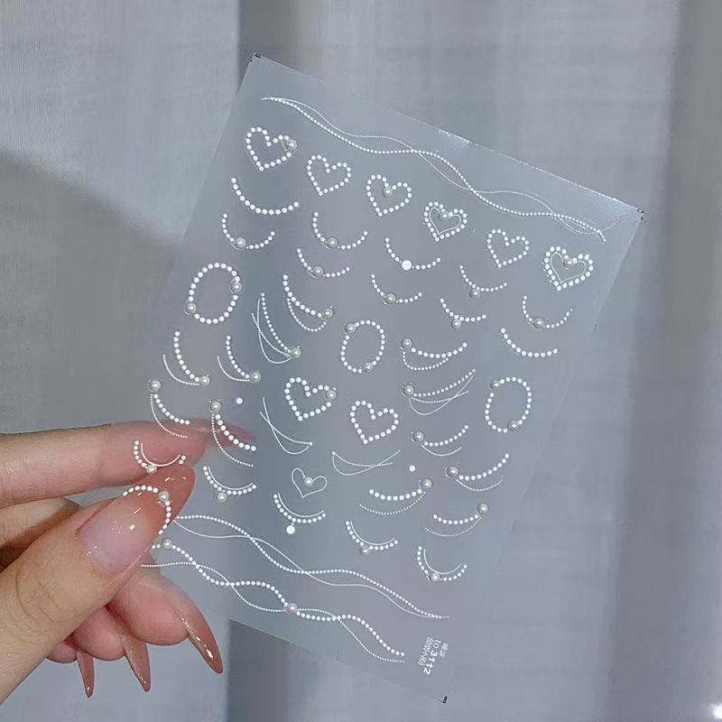 New Pearl Love Nail Art Sticker Three-dimensional Relief French Crystal Diamond Love Heart Sticker Nail Decal Back Pad for daily use T156-Pearl Love, Crystal Diamond Model