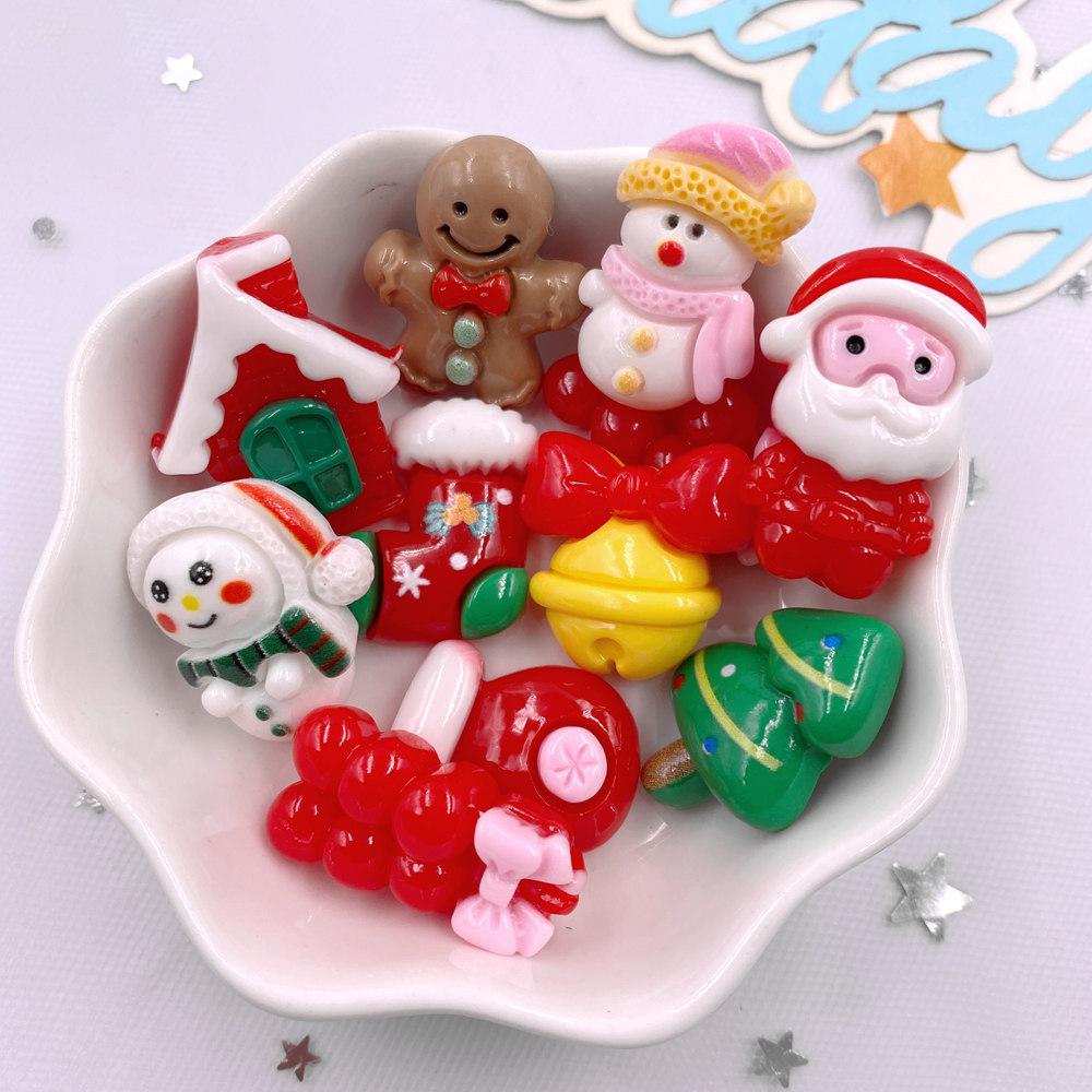 10PCS Resin Colorful Christmas Tree Santa Claus Snowman House Glove Flatback Stone Cartoon Figurines Scrapbooks DIY Decor Crafts