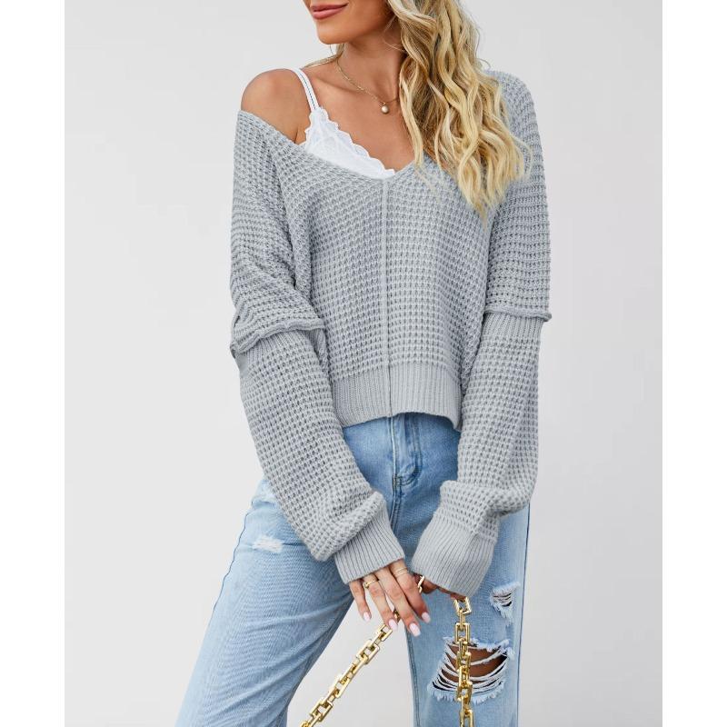 MGHR Women's Fashion Casual Solid Color Print Autumn Winter Long Sleeve V-Neck Loose Sweaters