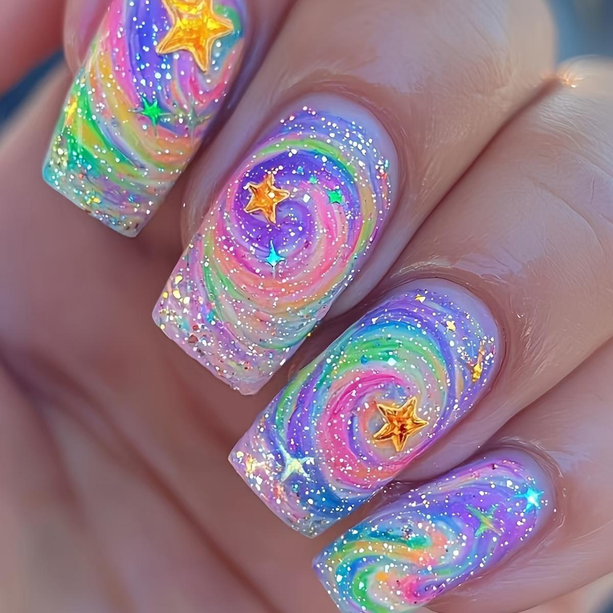 Removable Wearable Armor Colorful Starry Sky Popular Nail Art Set with 24 Fake Nails