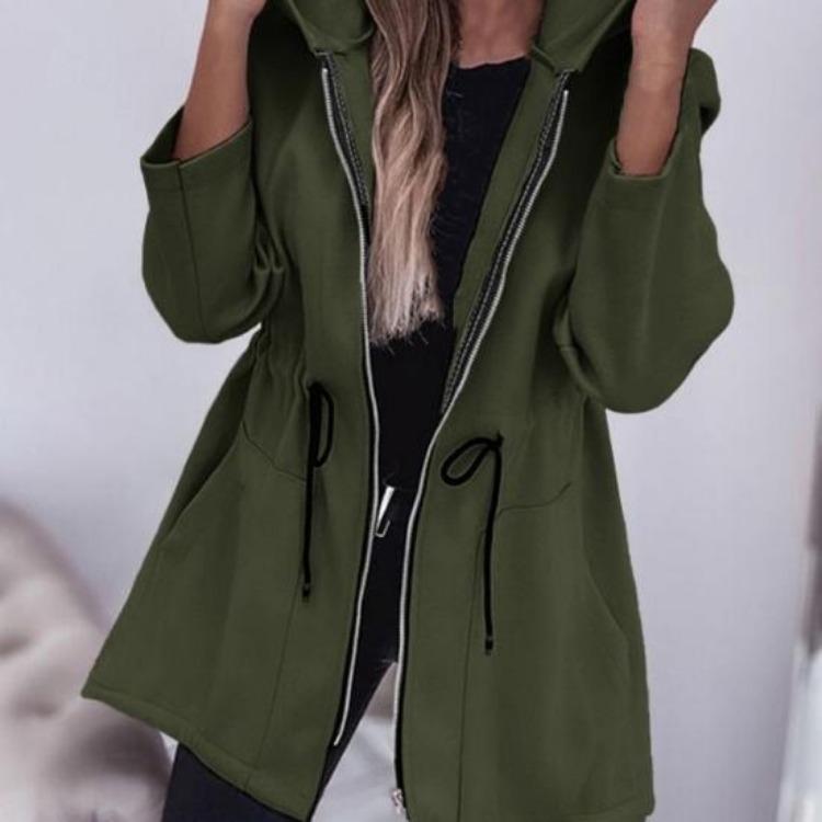 Women Windbreaker Jacket Hooded Thermal Long Sleeve Solid Color with Drawstring Waist Large Pockets Zipper Closure