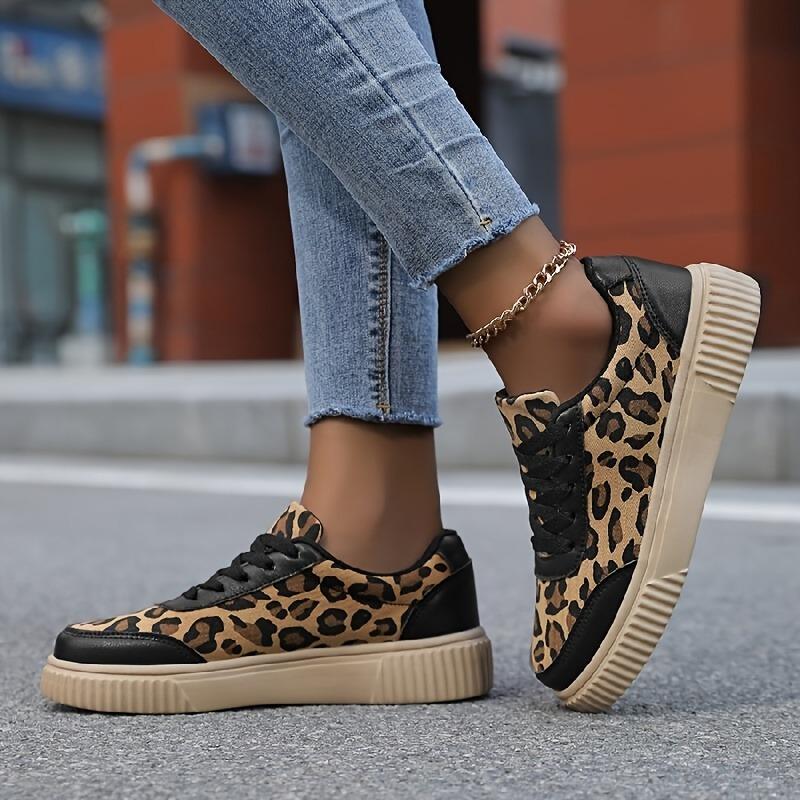 [Leopard Print Sneakers] Women's Beige&Black Low-Top Platform Sneakers Lace-Up Cushioned Breathable All-Season Casual Sports