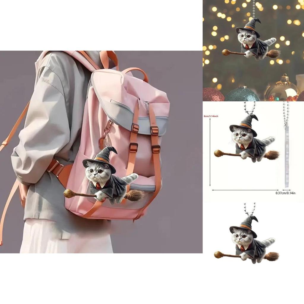 Minimalistischer Acryl-Autoanhänger mit flacher Oberfläche und magischem Katze-auf-Besen-Design zur Dekoration des Autoinnenraums