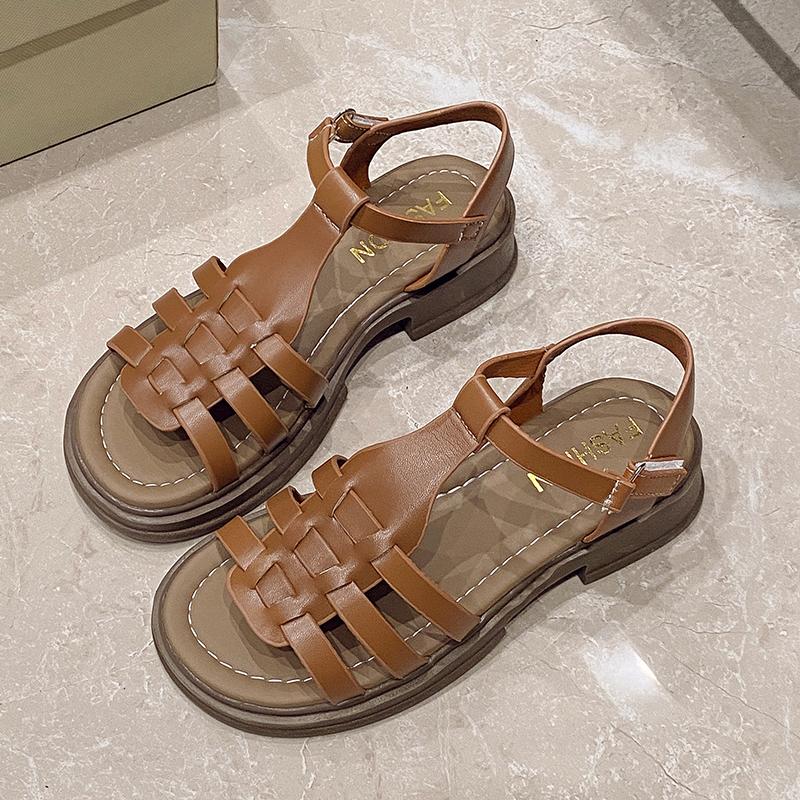 Fashion 2025 Summer Women's Comfortable Shoes Soft Exposed Toe Sandals Suit Beige Buckle Belt Retro Girl New Black Sandalias Mujer