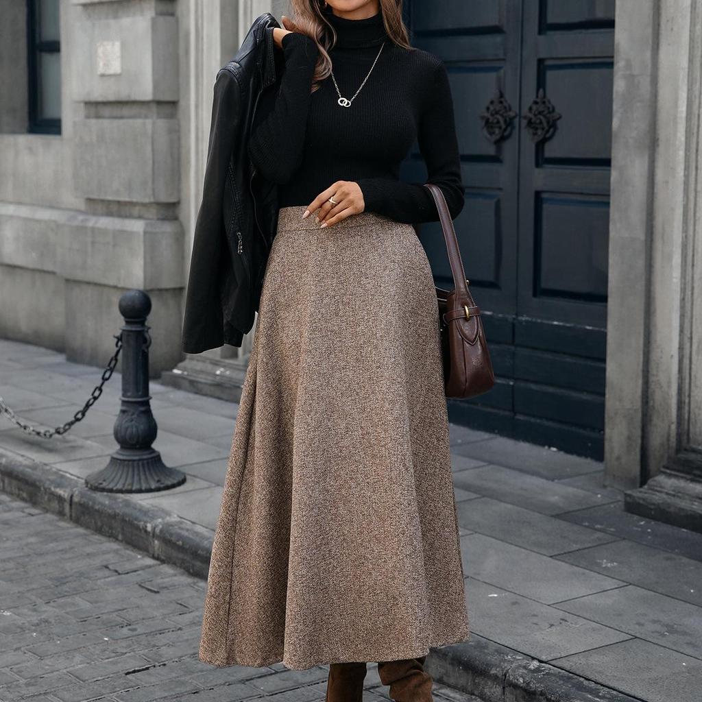 In Stock: High-End European Women's Wool A-line Midi Skirt - Autumn/Winter Collection