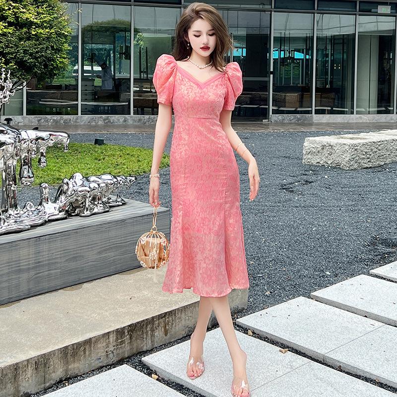 GMXIA Summer French V-neck Age-reducing Print Slim-fit Dress Sweet Temperament Waisted Fishtail Dress Women