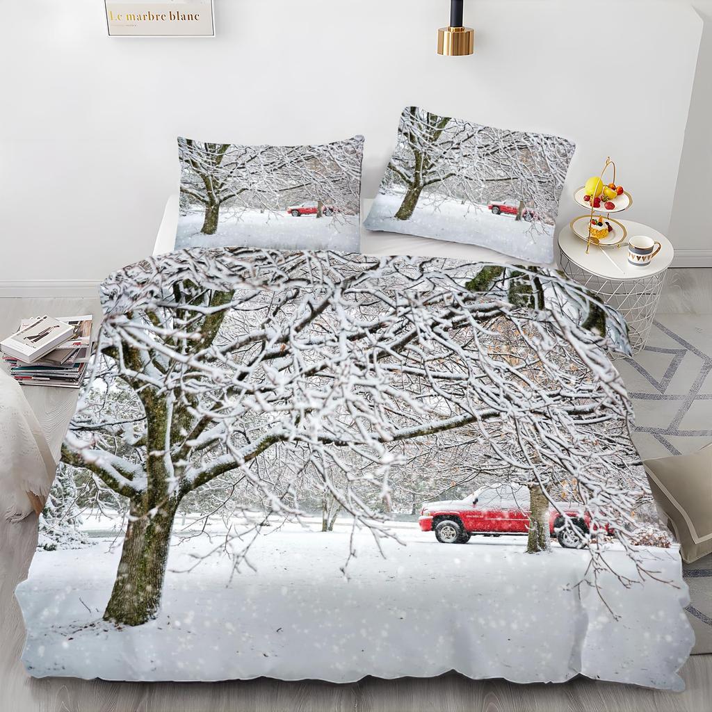 Snow Christmas Duvet Cover Set, Decorative 3 Piece Bedding Set With 2 Pillow Shams, Single King Queen Twin Size Bed Collection