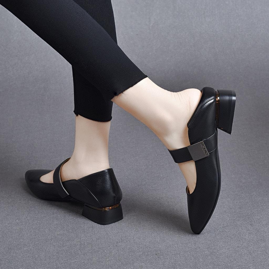 Pointed single shoes Mary Jane shoes spring simple temperament light mouth low heel square buckle women's flat shoes