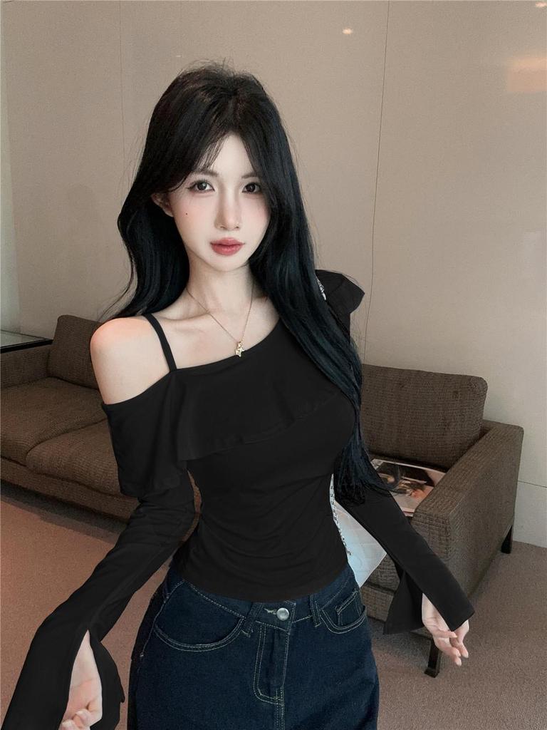 Korean Style Ruffle One-Shoulder Slimming Long-Sleeve Camisole - Women's Sweet & Spicy Autumn Fashion Top