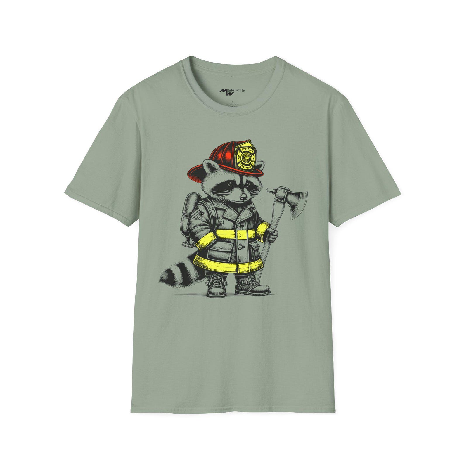 Firefighter Raccoon T-Shirt: Vintage Engraving, Fireman Animal Tee L