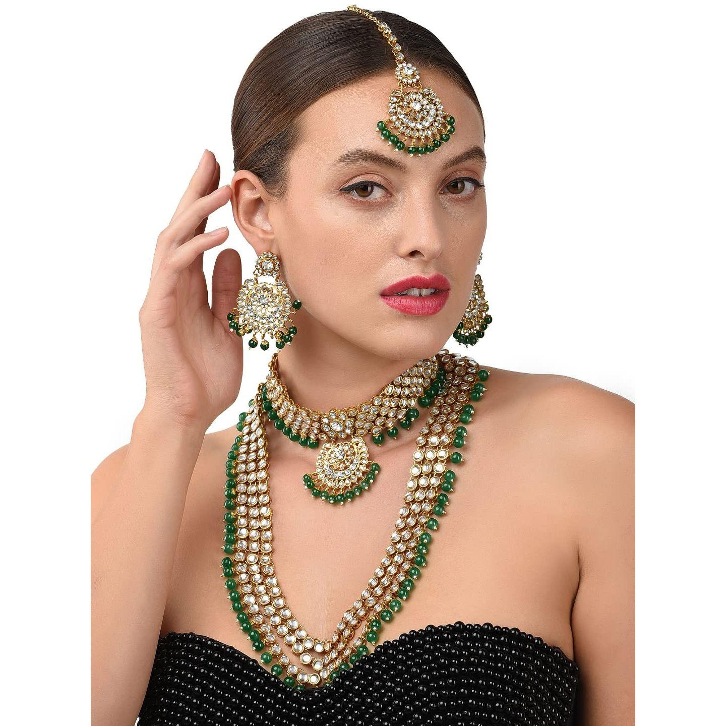 

Зелені намистини Весільний Кундан Чокер та Довге Намисто, Набір Сережок та Маангтікка Для Жінок