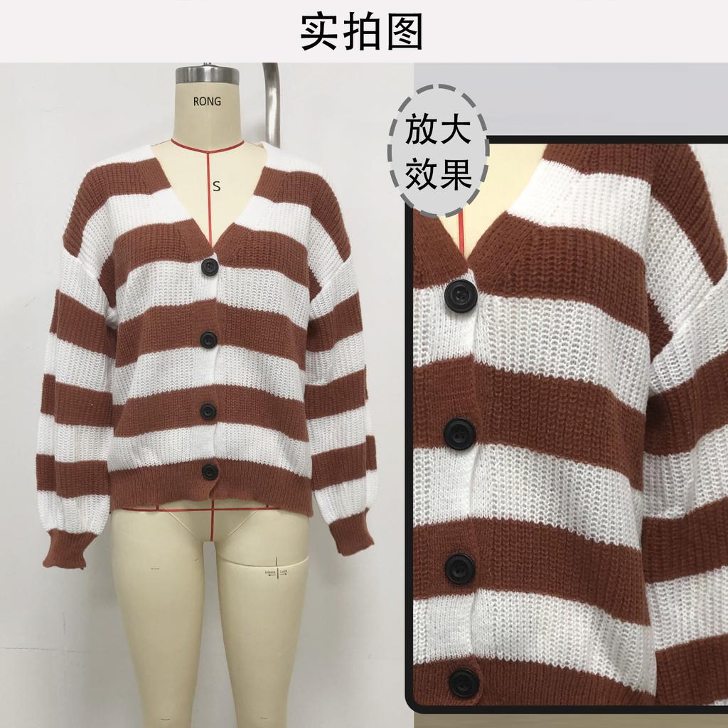 Women's cardigan cross-border European and American autumn and winter women's clothing new contrasting striped button splicing machine-woven sweater 
