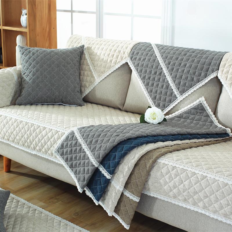 Linen Fabric Sofa Cushion Solid Color Lattice Universal All Seasons Sofa Cover for Living Room Home L-type Corner Sofa Cushion