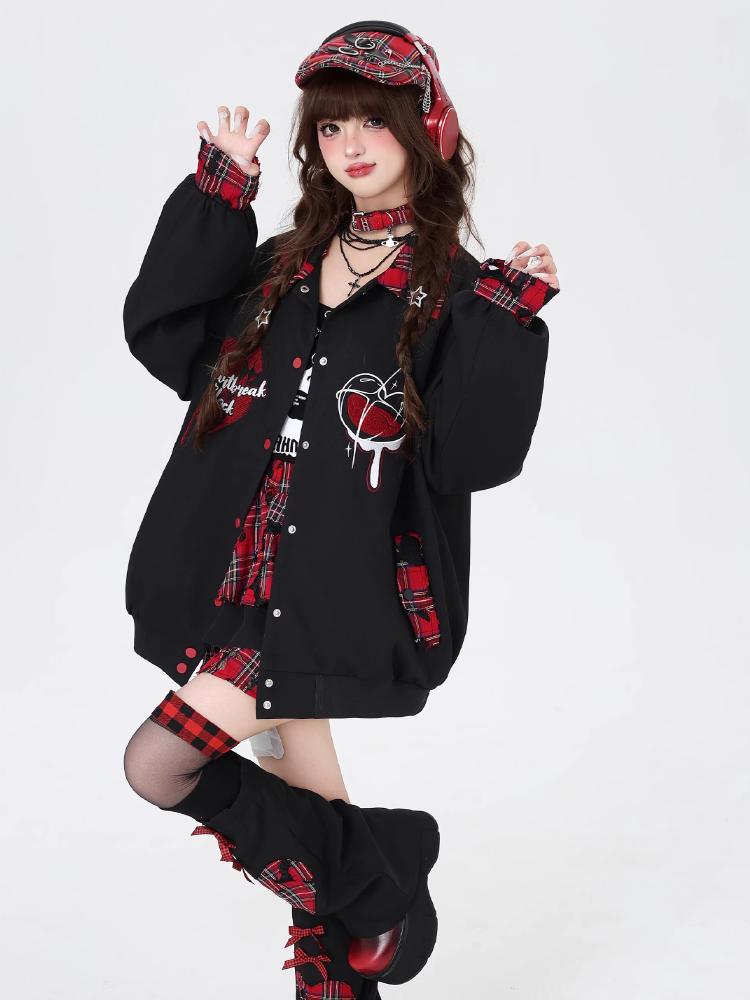 Autumn Winter Punk Harajuku Coats American Vintage All Match Casual Commuter Loose Jackets Constrast Color Japan Print Clothing