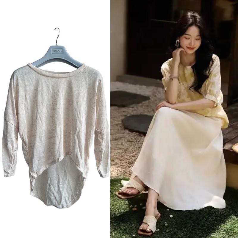 Cotton Long Sleeve Loose Fit T Shirt For Women With Curved Hem Casual Top