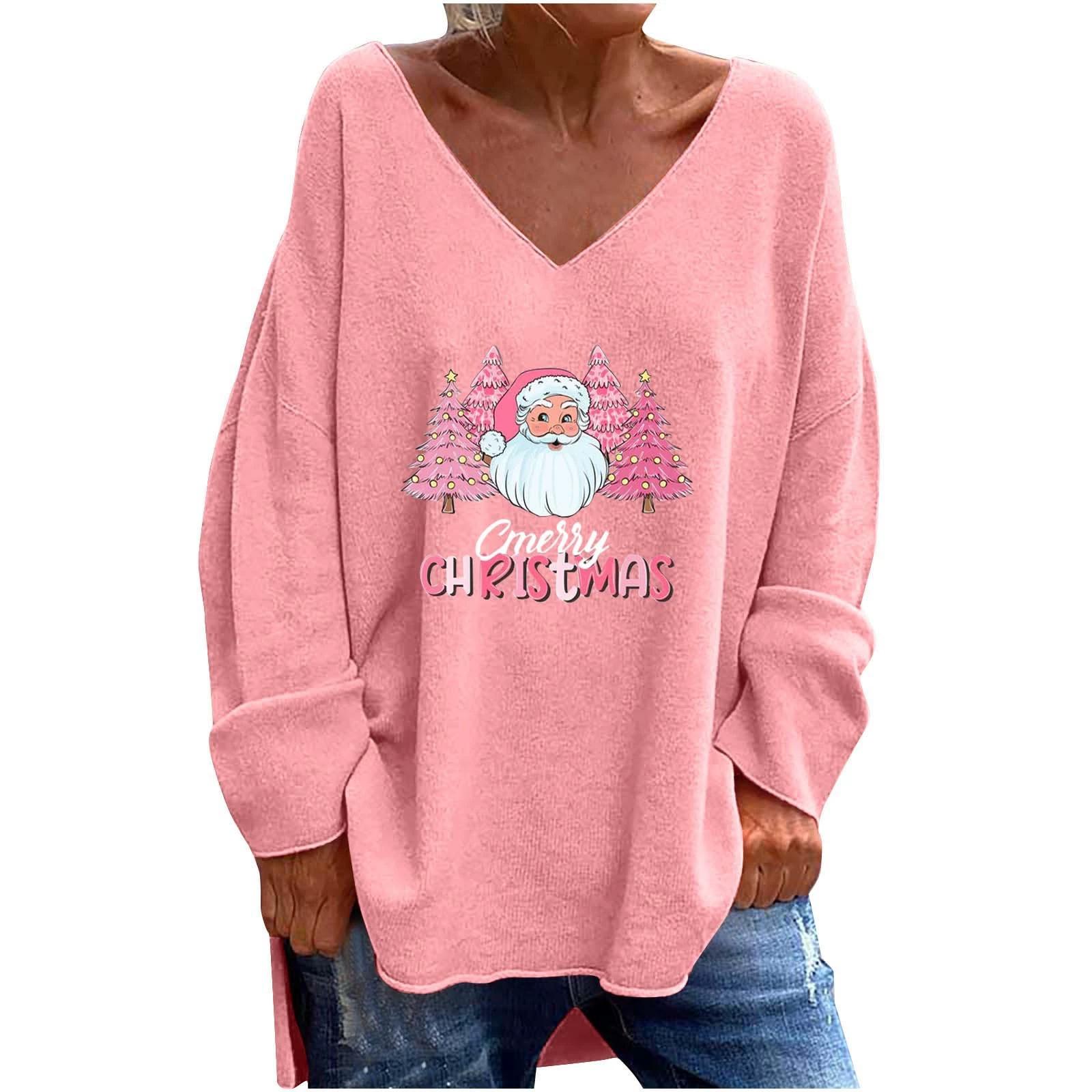 

GMXIA Жіноча однотонна однотонна футболка з V-подібним вирізом і довгими рукавами осінь-зима, вільна повсякденна зручна футболка XXL