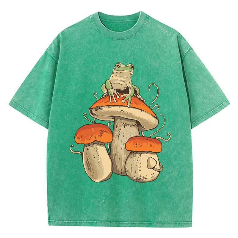 Mushroom Frog Art Aesthetics Print Washed T Shirt Women Summer Vintage Short Sleeves Cotton Loose O-Neck T-Shirt