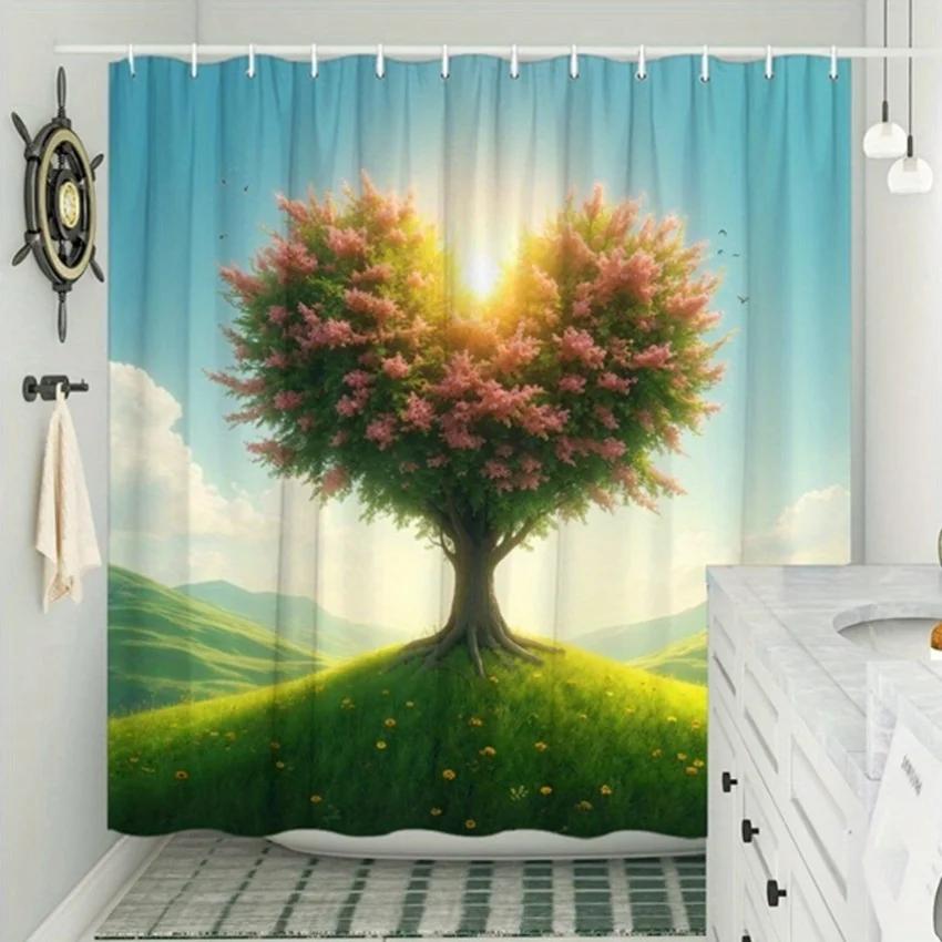 1pc Heart Tree Fantasy Shower Curtain - Vivid Colors, Dreamy Design, Polyester, 70.8x70.8", 12 Hooks, Washable