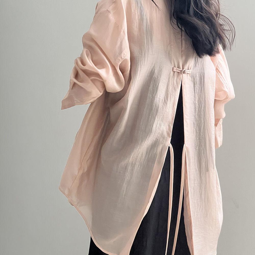 Women's Summer Loose Fit Tencel Shirt with Frog Buttons and Tie-Back, Turn-Down Collar, Sun Protection