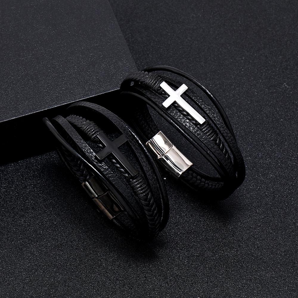 Korean Style Multi-Layer Leather Braided Bracelet with Magnetic Buckle - Men's Imitation Leather Jewelry