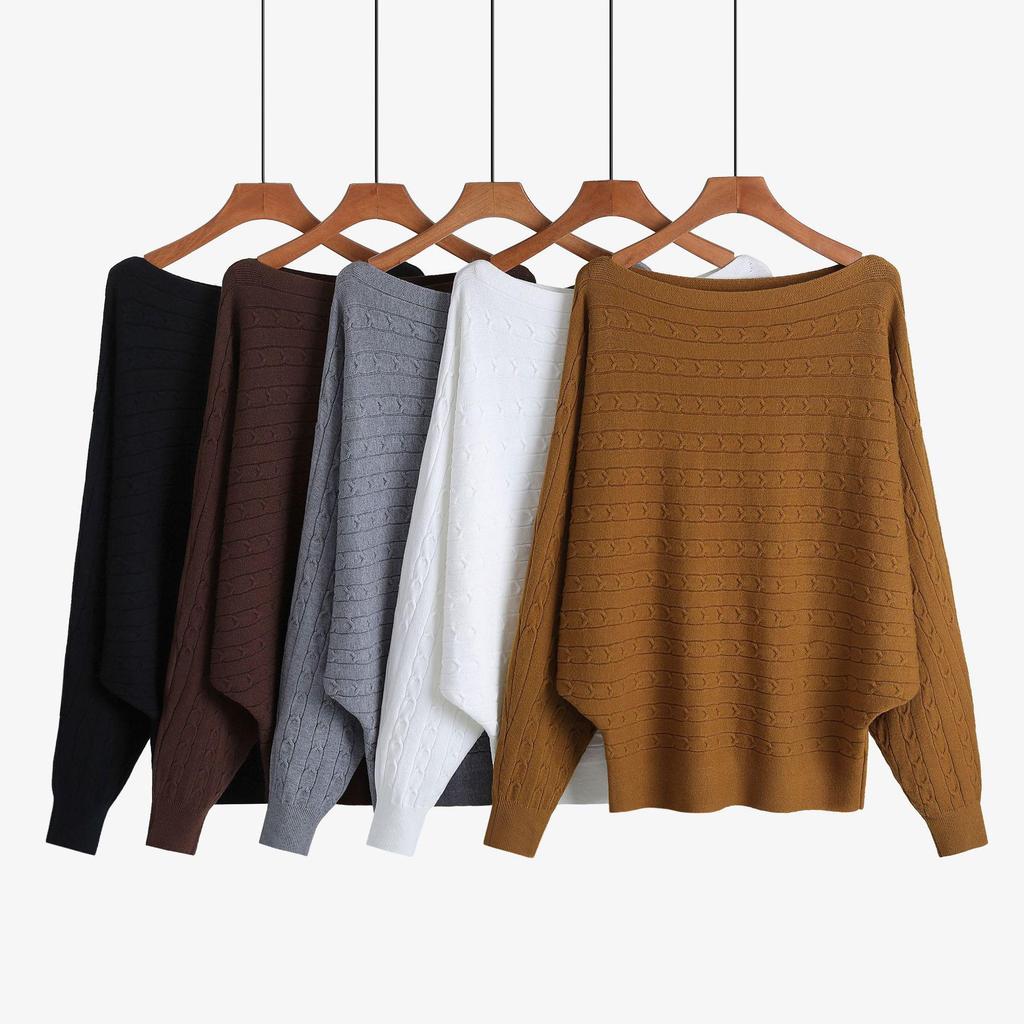 Autumn Winter Women's Plus Size One-Shoulder Cable Knit Batwing Sweater Pullover
