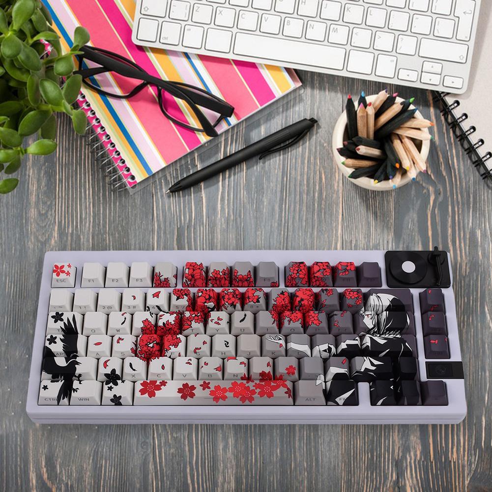 129 Key Raven Sakura Keycap Set Dye Sub Keycaps PBT Keycaps Therimal Sublimation Keycaps Anime Keycaps for Mechanical Keyboard