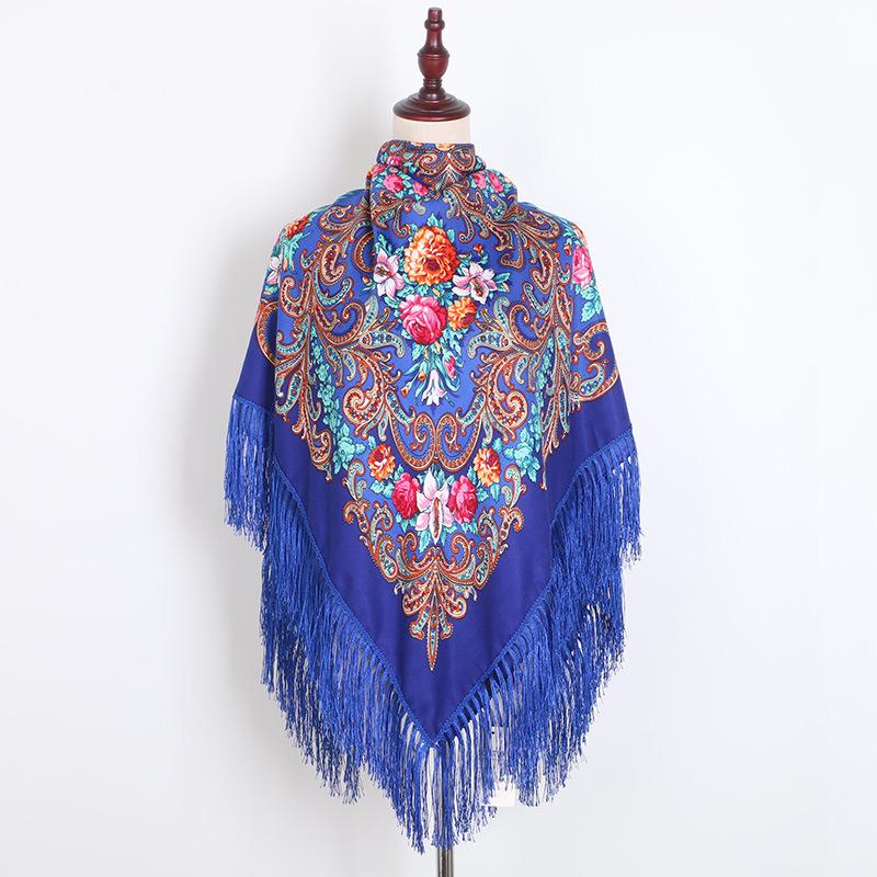 130*130cm Russian National Scarf Women Luxury Floral Bandana Fringed Ukrainian Shawl Big Size Handkerchief Babushka Head Wraps