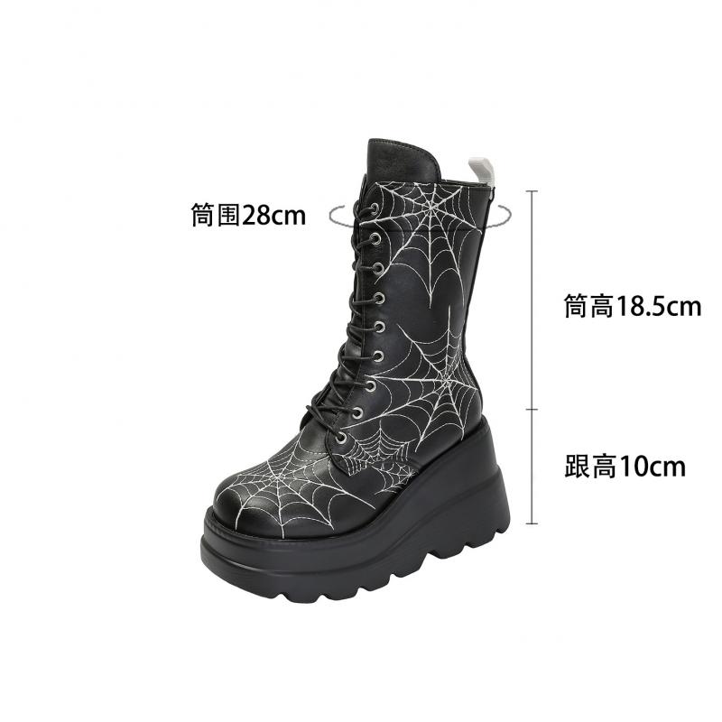 Fashion Gothic Spider Web Embroidery Super High Heel Boots Women 2025 Autumn Punk Thick Bottom Mid Calf Booties Side Zip Black Boots