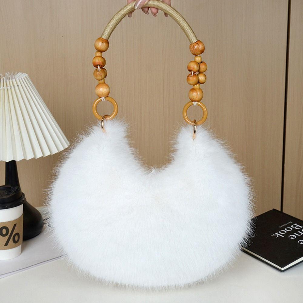 Retro Multicolor Furry Handbag Beads-Chain Handle Soft Tote Bag Faux Fur Oval Shoulder Bag Versatile