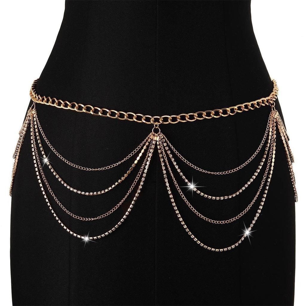 Fashion Versatile Metal Rhinestone Chain Tassel Waist Women's Bikini Decoration Nightclub Rock Body Chain