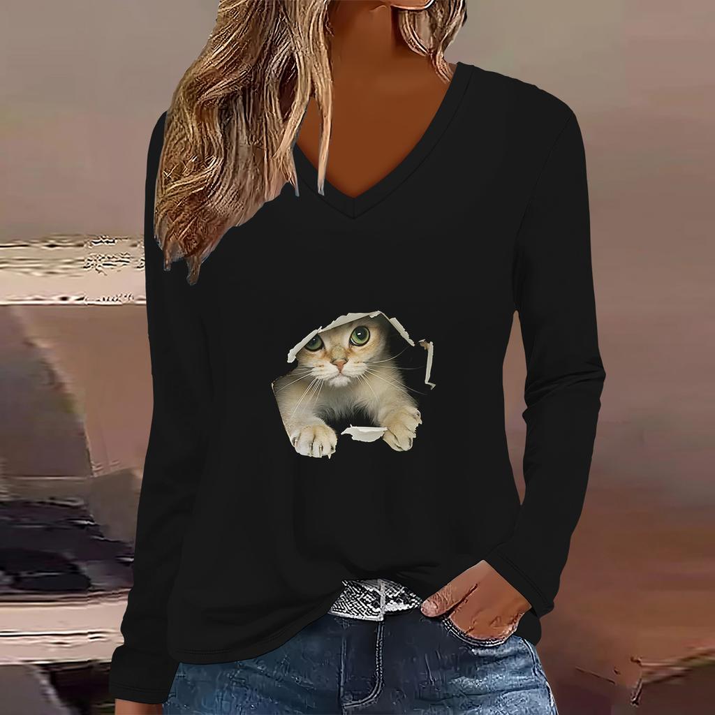 Europäische und amerikanische Mode  Elegantes Damen-T-Shirt mit V-Ausschnitt und langen Ärmeln