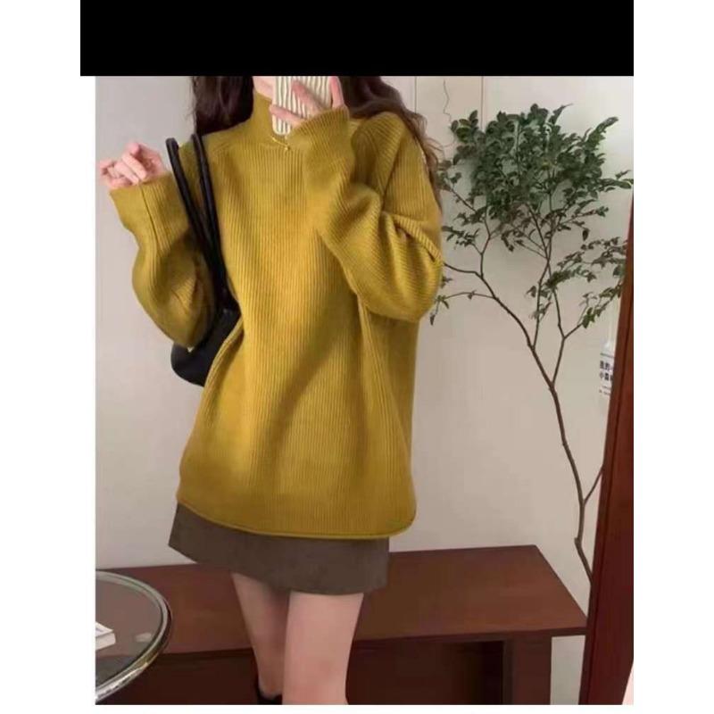 

Осень и зима новый свитер с полувысоким воротником женский свободный верхняя одежда ленивый стиль универсальный и тонкий внутренний вязаный топ женский One Size