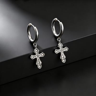 Classic Texture Cross Pendant Earrings for Men, Stainless Steel Jesus Drop Dangle Earrings, Unique Religious Ear Jewelry Gifts