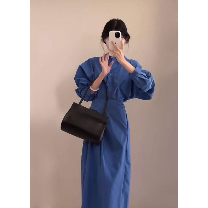 Kumikumi Design Sense Blue Lapel Long Sleeve One Piece Dress Women Clothing Autumn Elegant All-Match Waist Hugging Slimming Long Dress