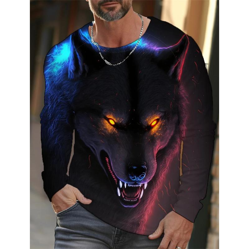 Herren Sommer Langarm 3D-gedrucktes Wolfsmuster T-Shirt Tops Herren Streetwear Kleidung Rundhals Grafik Langarm T-Shirt