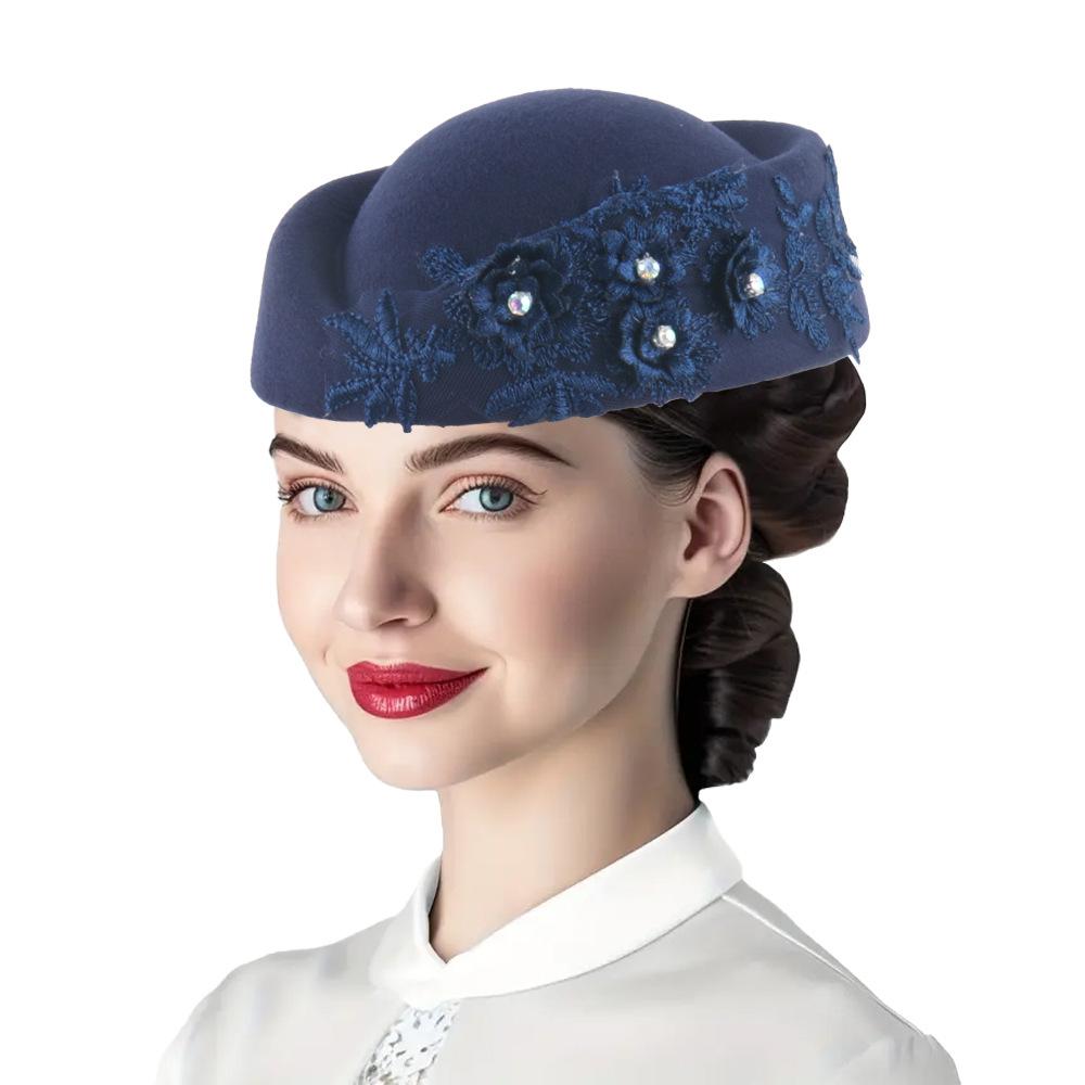 Felt Turban Hat Vintage Rhinestone Flower Church Beret Hats Women Stewardess Party Cosplay Cap Costume Accessory