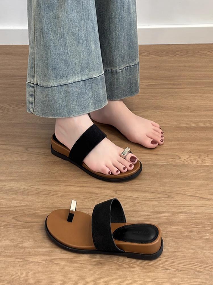 Sheepskin version~ Genuine leather thick bottom height increase 4CM one-word with set toe slippers women wear beach casual cool slippers