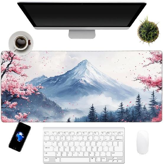 Japanese Cherry Blossoms Art Mouse Pad 31.5"x12" Large - Japanese Traditional Design Water-Resistant Surface Desk Mat with Non-Skid Base for