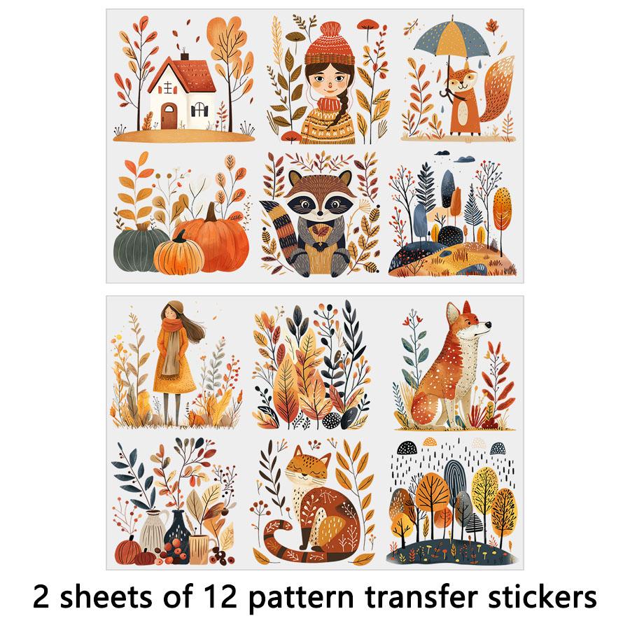2 Stuks Herfst Pompoen Volkskunst Scandinavisch Diy Uv Dtf Wrijf-Op Transferstickers Ambachtelijk Glas Mok Beker Wraps Junk Journal Huisdecoratie