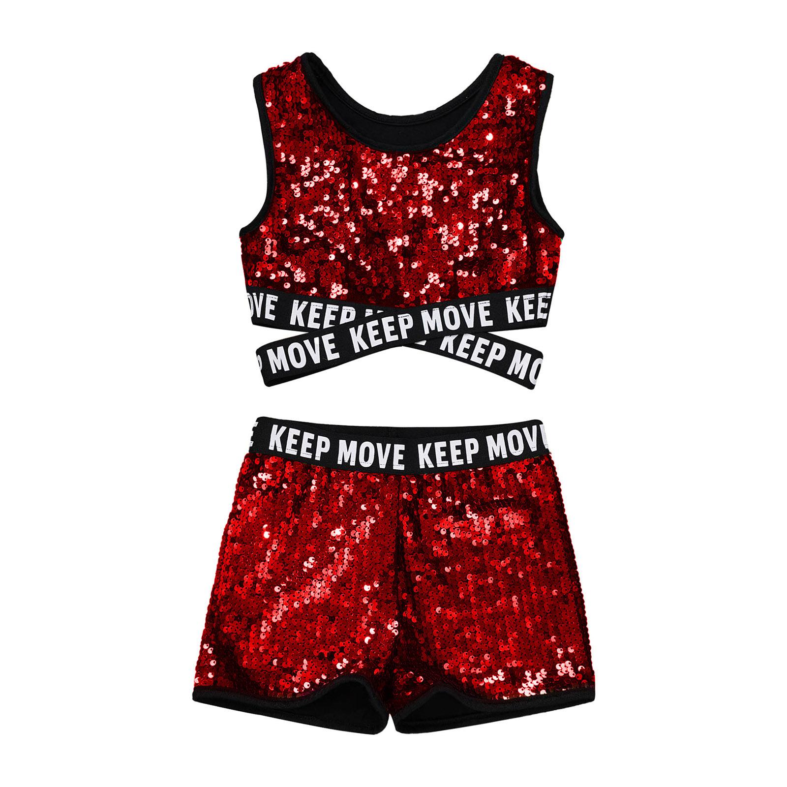 

Блискучі блискучі короткі топи з шортами для дітей, дівчаток, сучасний джазовий танцювальний костюм, комплекти танцювального одягу 13-14 Years червоний