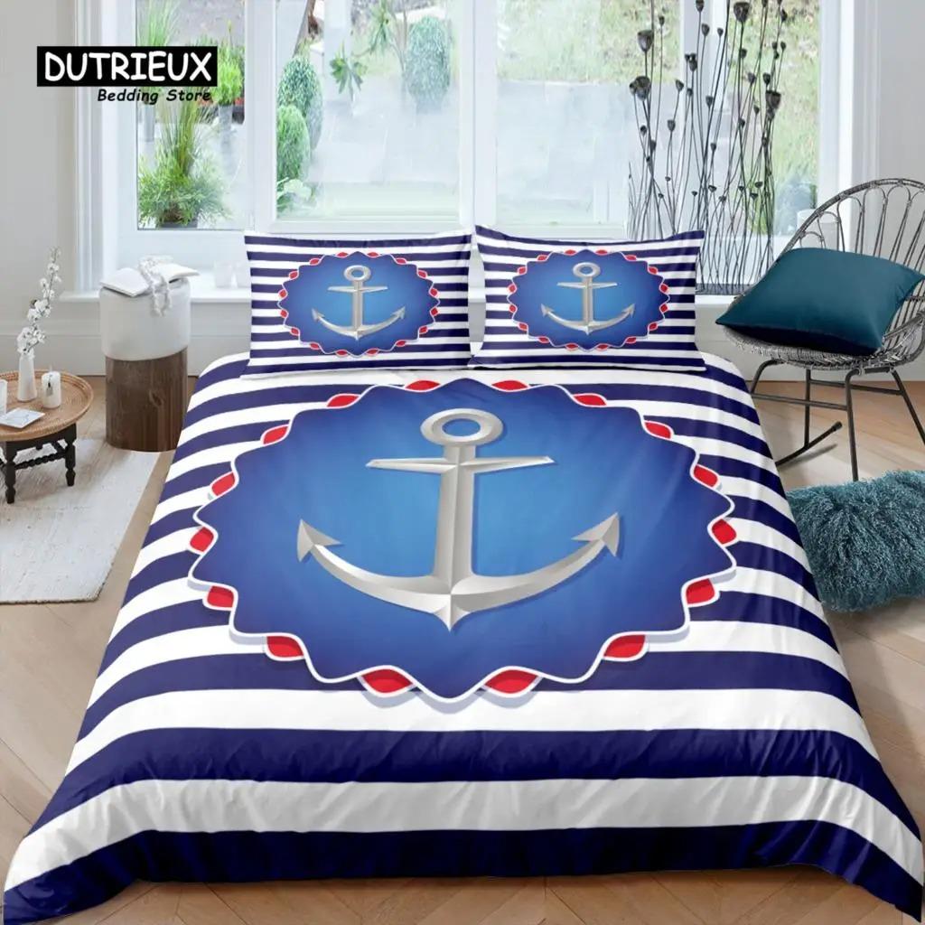 Home Living Luxury 3D Anchor Bedding Set Blue Stripes Duvet Cover Pillowcase Queen and King EUUSAUUK Size Comforter Bedding